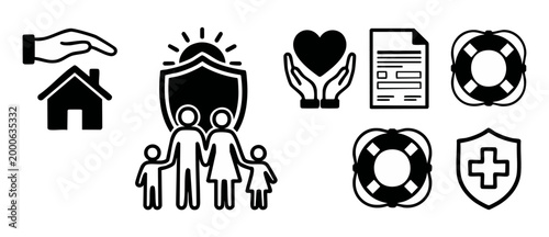 Insurance Icons Set: Family Protection, Health, Life and Home Security Symbols. Black Vector Pictograms for Business Finance, Medical Coverage, Safety Policy, Wellness Planning, and Personal Risk Mana