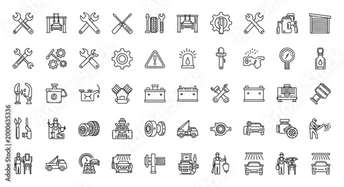 Set of Hand-Drawn Icons for Automotive and Mechanical Services.