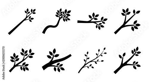 Vector Branches with Leaves, Organic Nature Elements, Black Silhouette Twigs, Botanical Design Assets, Decorative Plant Sprigs