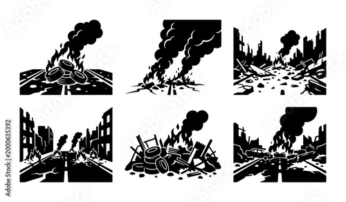 Foto Set of 6 Black and White Vector Illustrations Depicting Urban Destruction, Burni