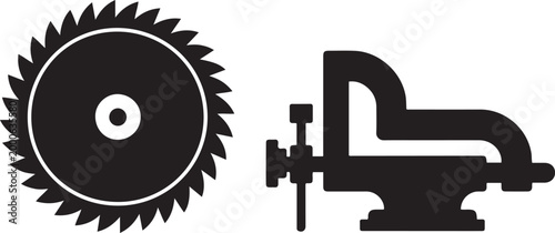 a circular saw blade and a vise. Silhouette vector illustration