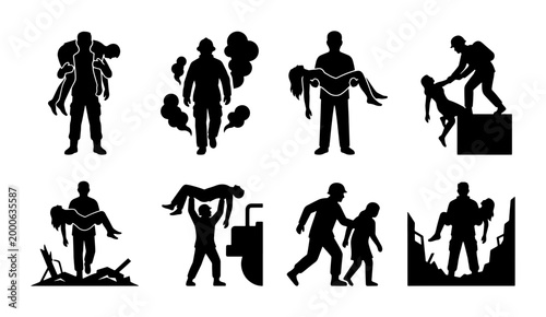 Rescue Icons Set, Emergency Aid Silhouettes, Disaster Relief Figures, First Aid Assistance Vector Graphics, Medical Support Symbols