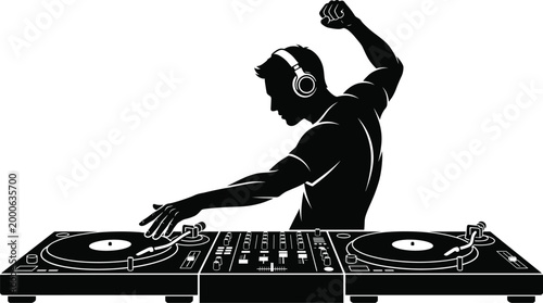 Black silhouette illustration of DJ wearing headphones mixing music on turntables and mixer with raised arm expressing live performance energy