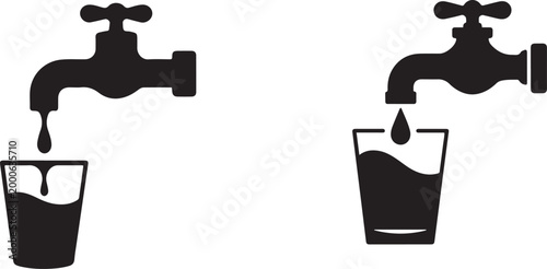 Simple black silhouette of a faucet dripping into a glass. Silhouette vector illustration