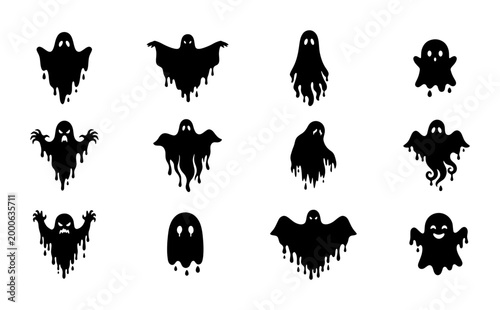 Foto Spooky Halloween Ghost Icons, Dripping Black Silhouette Vector Set, Eerie Appari
