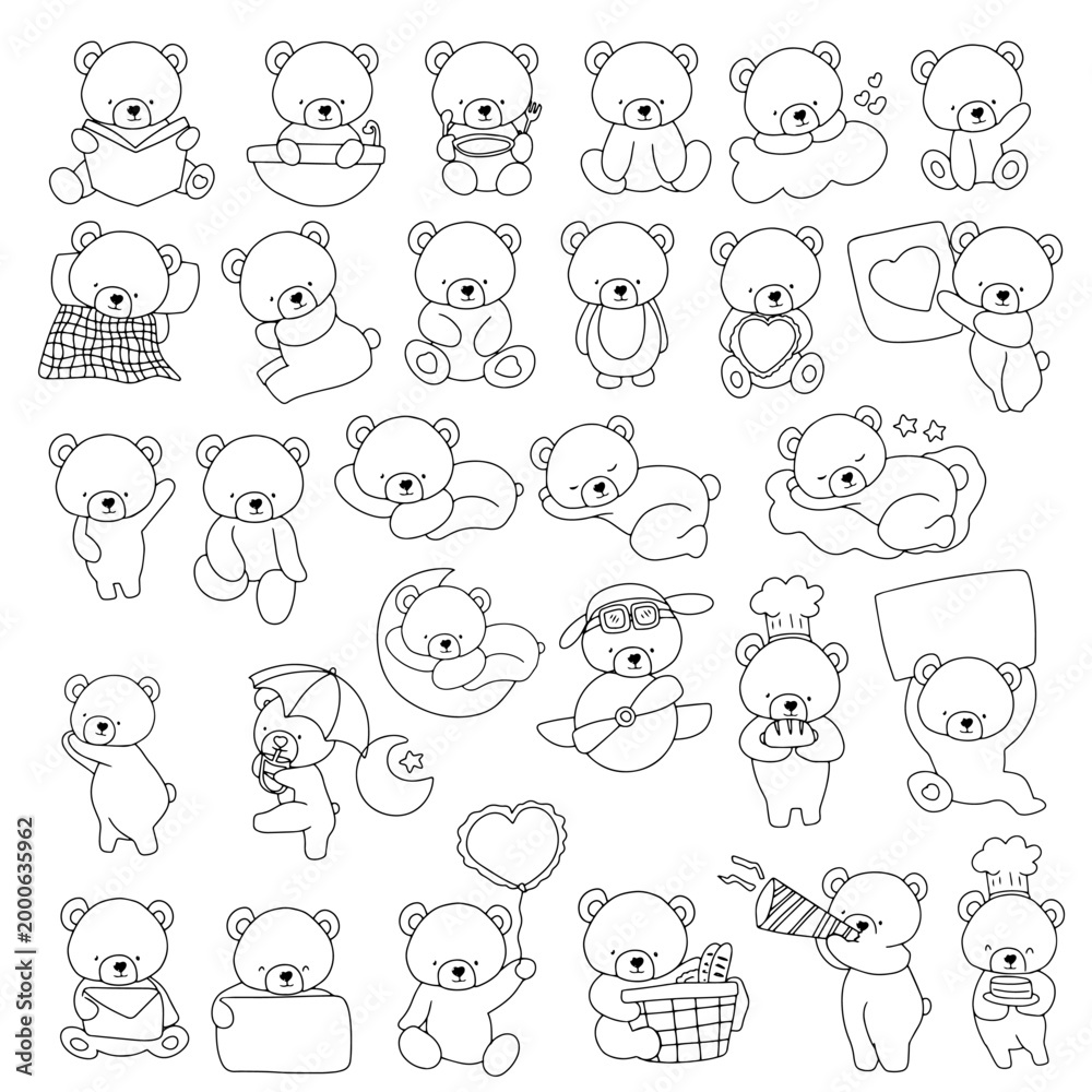Obraz premium Set of Cute cartoon animal icons with funny baby animals like bear in a playful vector illustration design. coloring page for presschool