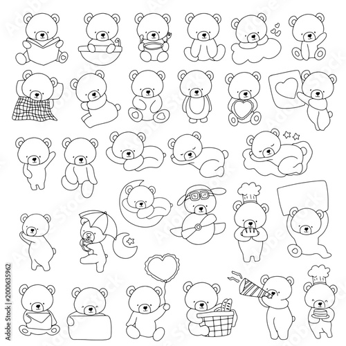 Set of Cute cartoon animal icons with funny baby animals like bear in a playful vector illustration design. coloring page for presschool