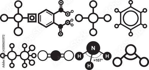Molecular structure line icons set for chemistry and physics diagrams.