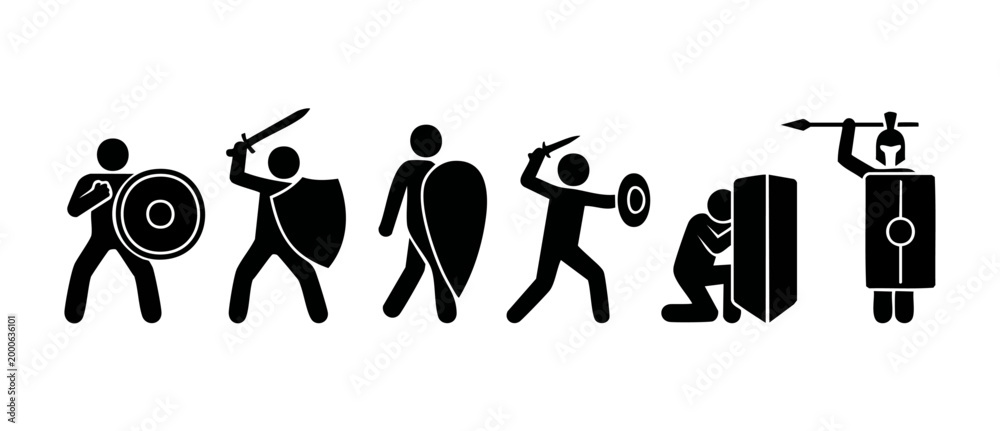 Fototapeta premium Warrior stick figure icons set with shield and sword, ancient soldiers in battle action poses, roman legionary silhouette collection for historical design, black pictogram isolated on white background