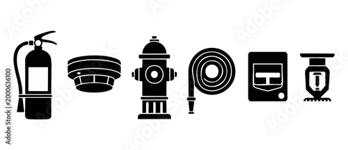 Fire Safety Equipment Icons Set, Extinguisher and Hydrant Symbols for Emergency Protection, Prevention and Industrial Security Graphics in Simple Flat Black Vector Design for Safety Planning Documents