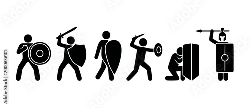 Warrior stick figure icons set with shield and sword, ancient soldiers in battle action poses, roman legionary silhouette collection for historical design, black pictogram isolated on white background