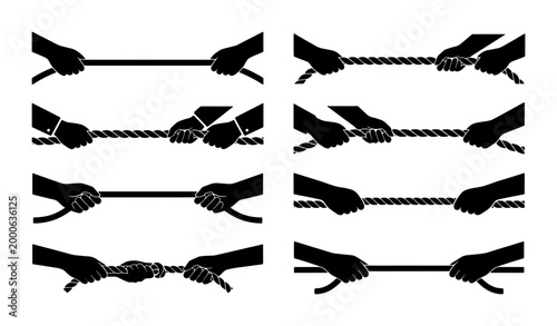 Cuadro en lienzo Tug of War Vector Icons, Competition and Strength Symbolism, Human Hands Grippin