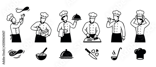 Chef cooking icons set, professional kitchen character avatars, holding food and kitchenware tools. Vector black and white illustration of restaurant staff people in uniform for culinary design elemen