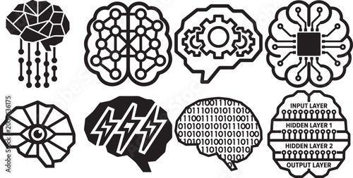 Artificial intelligence brain icons showing neural network and technology.