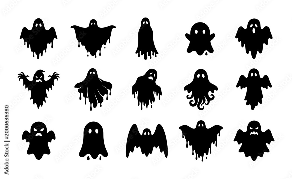 Φωτογραφία Spooky Halloween Ghost Icons Set, Black Silhouette Vector Graphics for Festive D