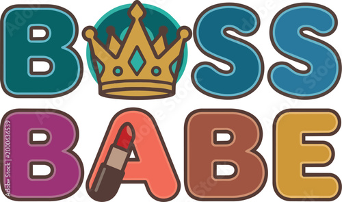 Colorful boss babe lettering with crown and lipstick vector art