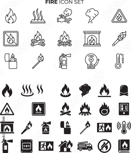 Fire Icon Pack. Flame, Heat, Gas & Smoke Symbols. Flammable Risk and Fire Safety Signs. Campfire, Bonfire, Fireplace, Torch, Lighter & Match Icons. Emergency Fire Concepts. High Temperature.