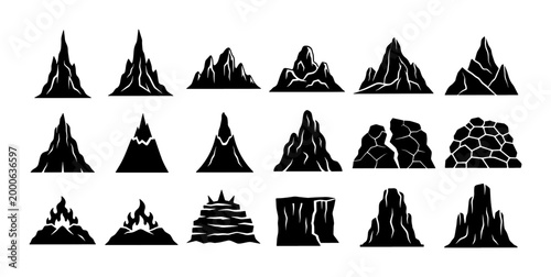 Tableau sur toile Diverse Mountain Peaks Vector Set, Rocky Outcrops and Jagged Summits Collection,