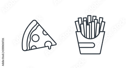 Simple Line Art Icon of Pizza Slice and French Fries.