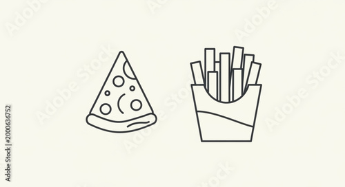 Simple Line Art Icons of Pizza Slice and French Fries.