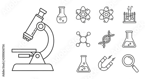 Scientific research equipment and symbols illustration.