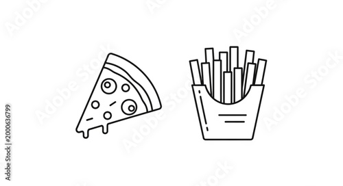 Simple Line Art Drawing of Pizza Slice and French Fries.