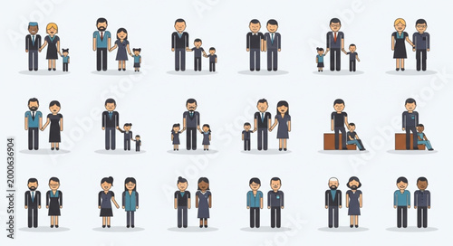 Diverse Family Units Represented in Flat Design Style.