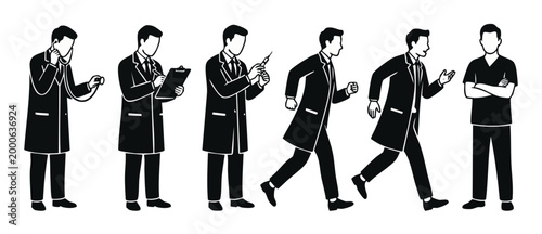 Doctor icon set, medical professionals in black and white silhouette, medical worker activities and gestures, clinical staff character collection for healthcare design, simple vector illustration isol