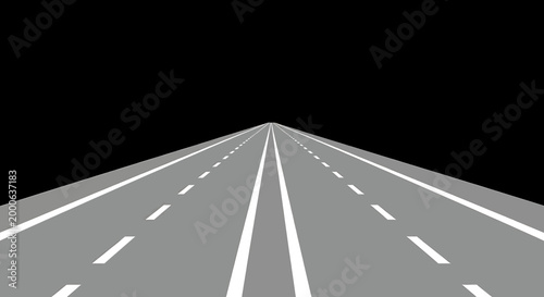 Perspective view of a straight asphalt road with lane markings leading into the distance