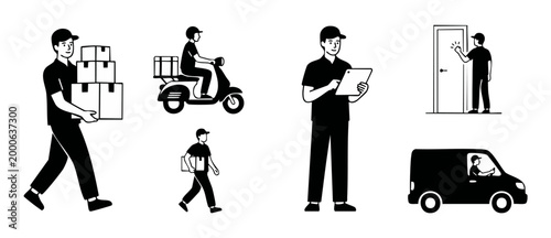 Delivery courier service icons set, professional shipping agent characters with parcels, scooter, delivery van, and digital tablet, vector flat illustration in black and white style for logistics busi