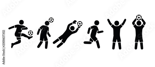 Soccer player stick figure icons, football action set in minimalist black style. Sports game athletes kicking, heading, goalkeeping, running and celebrating goals isolated on white background flat des