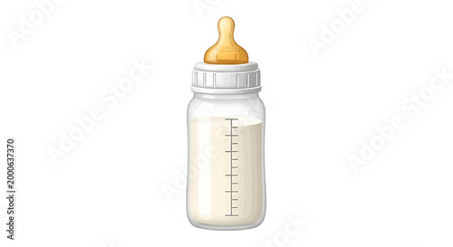Illustration of a baby bottle filled with milk or formula, featuring measurement markings and a yellow nipple