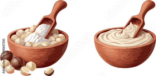 Macadamia nut butter vector illustration set with wooden bowl scoop creamy paste and raw nuts detailed food design