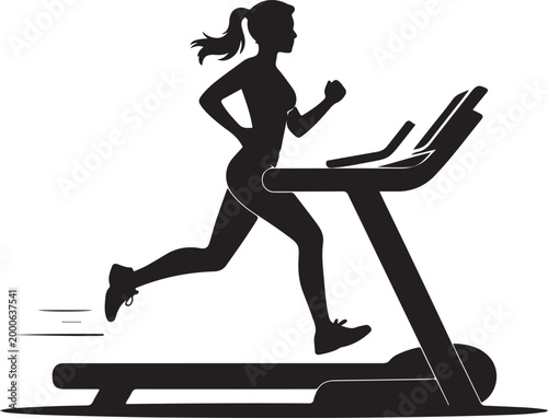 girl running on the treadmill silhouettes vector. Sport woman exercises on gym fitness machine vector silhouette. Chest legs pressure. Silhouette vector illustration