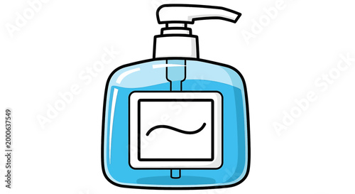 Illustration of a blue liquid soap dispenser bottle with a pump mechanism