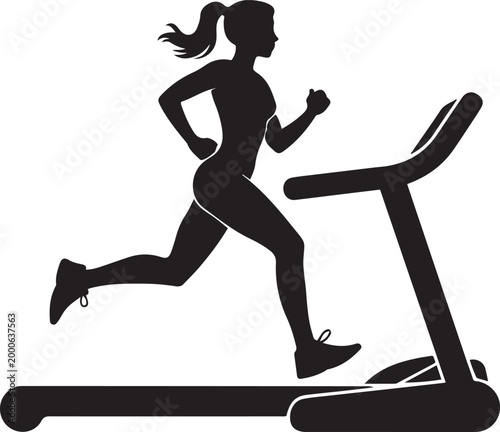girl running on the treadmill silhouettes vector. Sport woman exercises on gym fitness machine vector silhouette. Chest legs pressure. Silhouette vector illustration