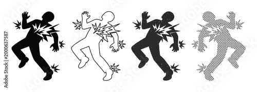 Siluetas de personas con dolor, vector de figuras humanas sufriendo, iconos de malestar físico, conjunto de ilustraciones de lesiones y enfermedad