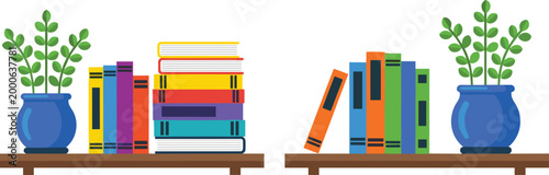 Bookshelf Vector Illustration with Stacked and Standing Colorful Books and Potted Plants on Wooden Shelves Isolated on White Background for Home Interior Design.