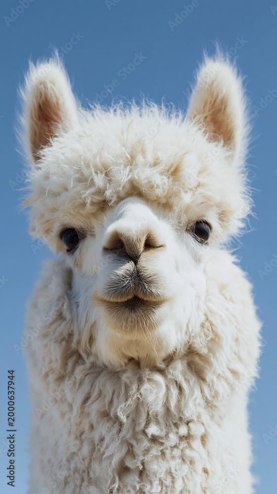 Fototapeta premium Fluffy white alpaca portrait captured from a low angle perspective against a clear blue sky, showcasing its soft fur and distinctive facial features