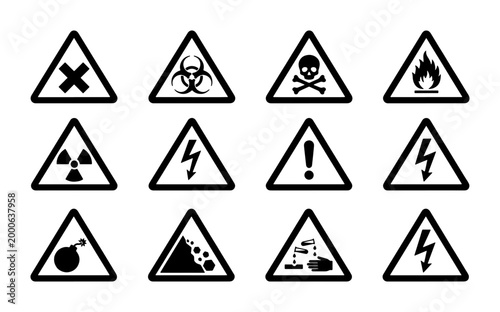 Free Download Set of 12 Warning Signs Vector Icons: Danger, Hazard, Biohazard, Skull, Fire, Radiation, Electricity, Exclamation, Bomb, Falling Rocks, Industrial Hazard - GFXLoad