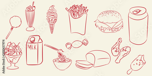 Food and drink doodle icon set hand drawn vector illustration fast food dessert beverage collection simple outline style