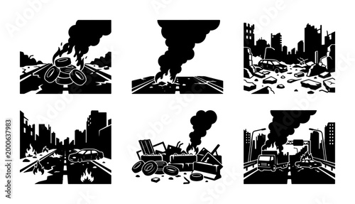 Photos Apocalyptic Cityscape Vector Icons, Post-Disaster Urban Scenes, Ruined Buildings