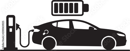 Electric vehicle charging station and car with battery indicator shown. Silhouette vector illustration