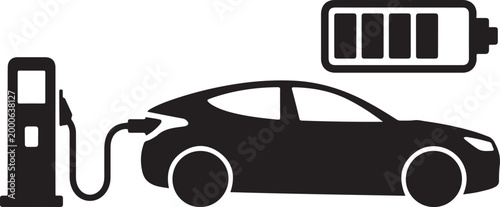 Electric vehicle charging station and car with battery indicator shown. Silhouette vector illustration