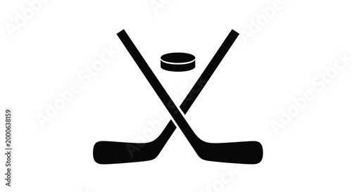 Minimalist black vector illustration showing crossed professional hockey sticks and a puck on white background