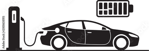 Electric vehicle charging station and car with battery indicator shown. Silhouette vector illustration