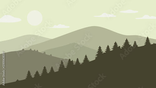 Mountain landscape with pine trees and sun