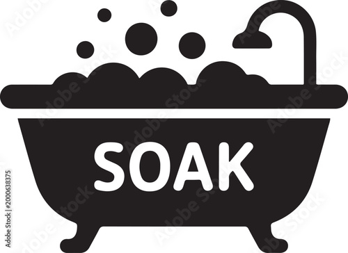 Simple black icon of a tub with water and bubbles labeled soak. Silhouette vector illustration