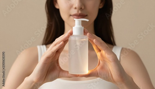 Model Holding Skincare Bottle in Soft Lighting