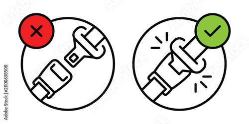 Seatbelt buckle icons showing incorrect and correct fastening.